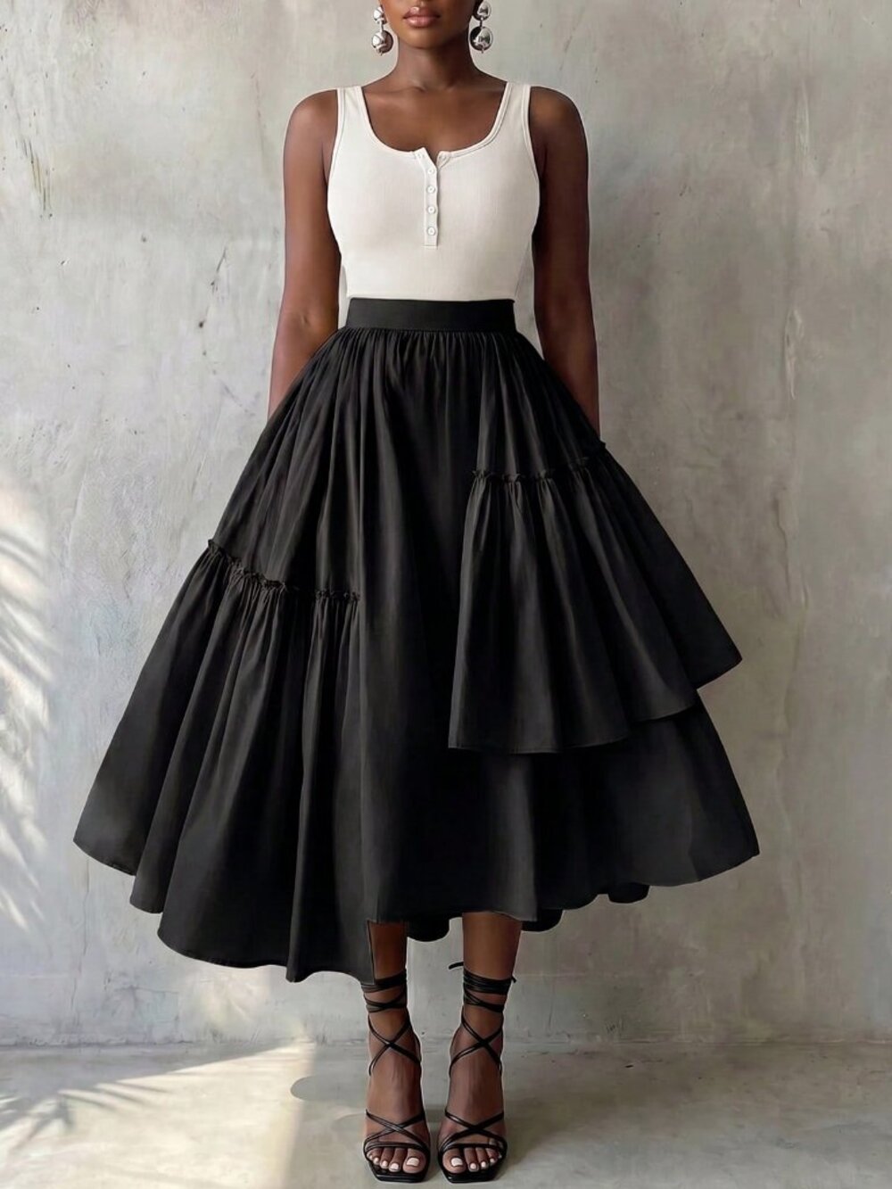 Black Casual Women's Ruffle Asymmetrical Midi Skirt